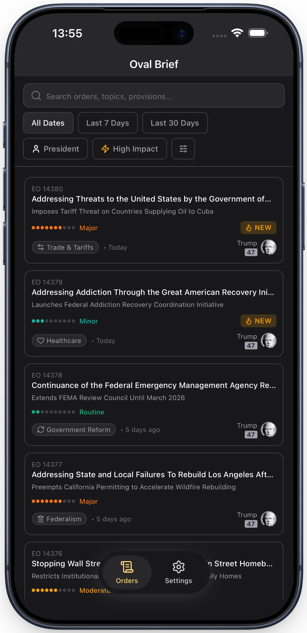 Oval Brief app browse screen