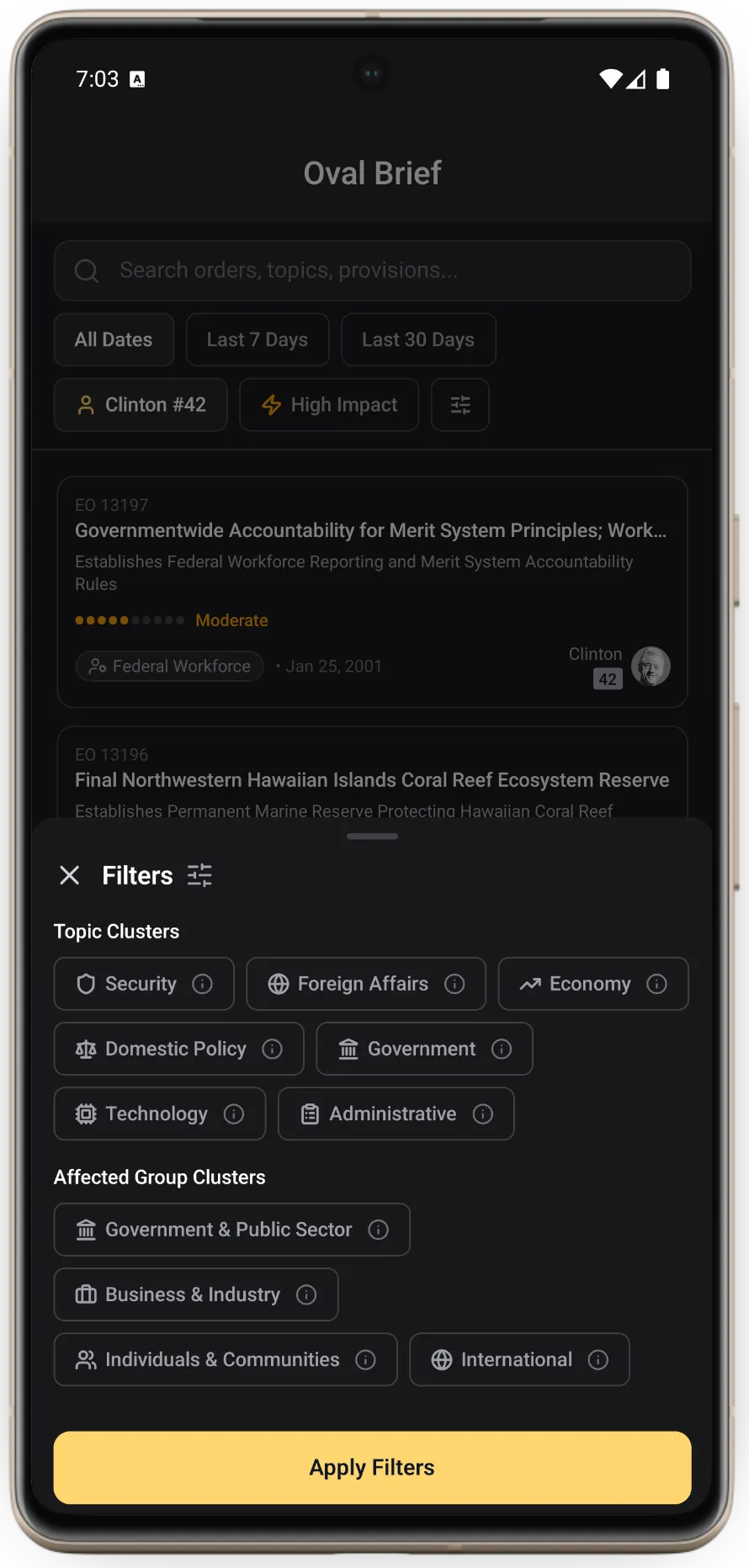 Oval Brief filter options