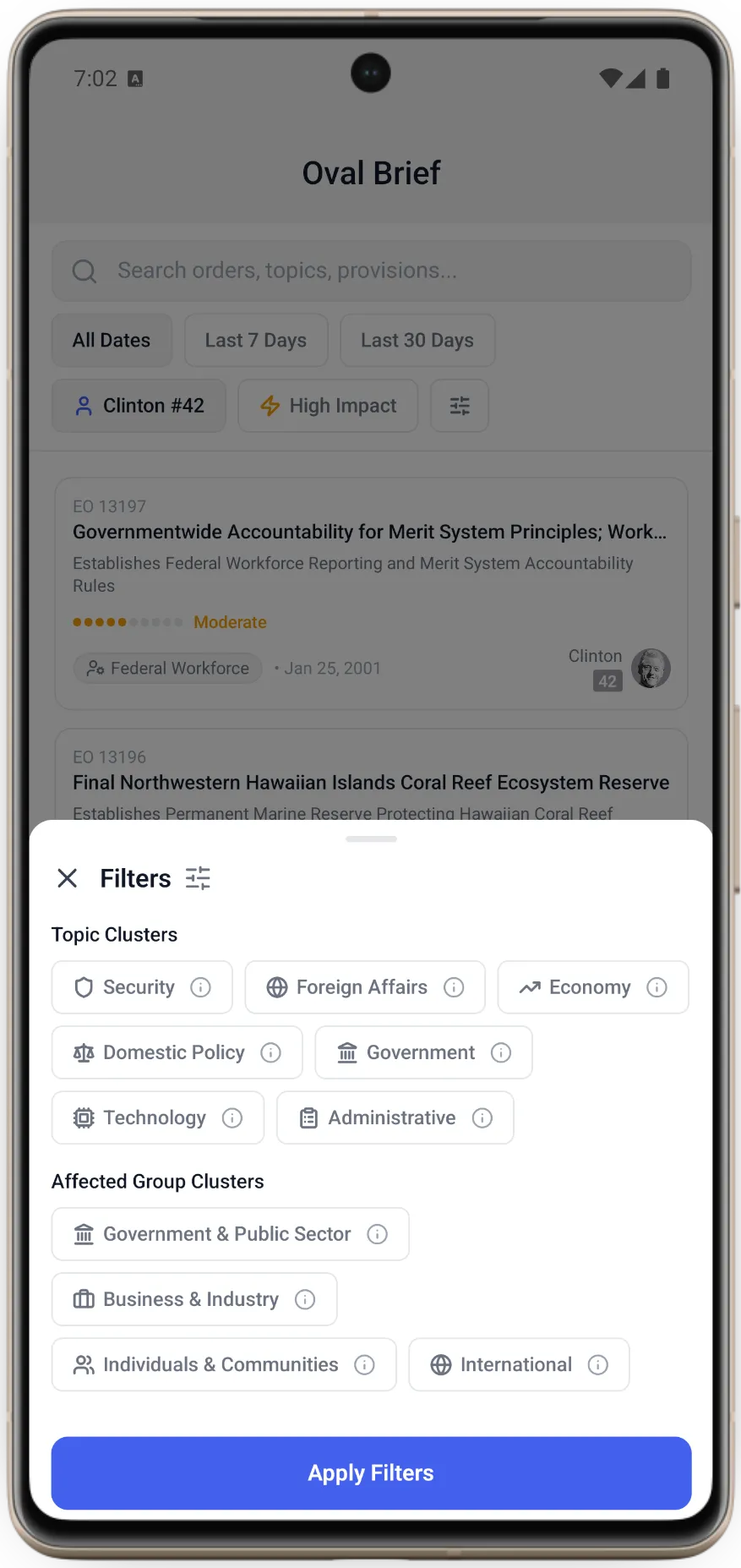 Oval Brief filter options