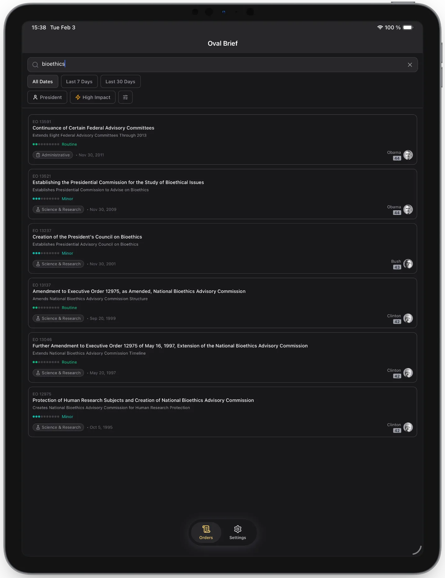 Oval Brief search screen on iPad