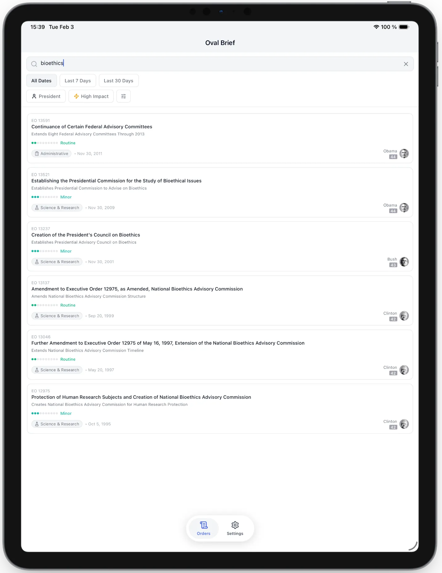 Oval Brief search screen on iPad